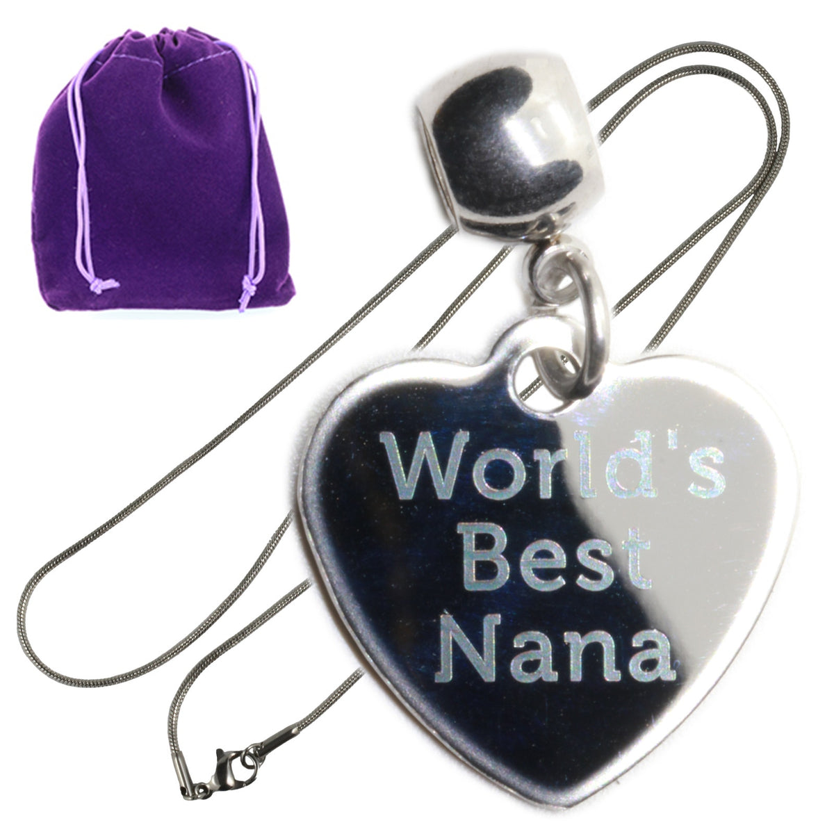 Nana Heart Charm Necklace with Stainless Steel Snake Chain
