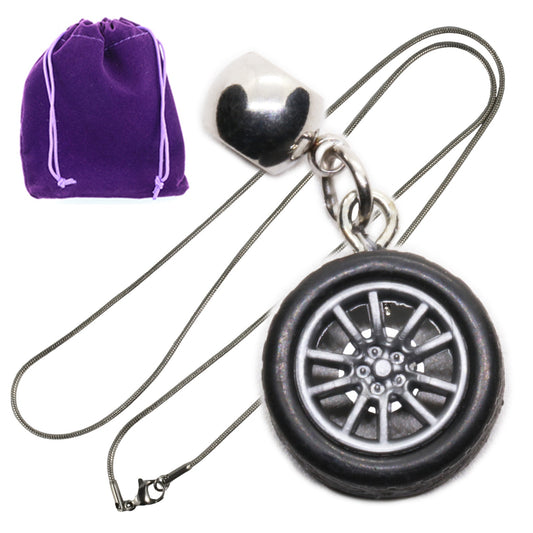 Racing Wheel Charm Necklace with Stainless Steel Snake Chain