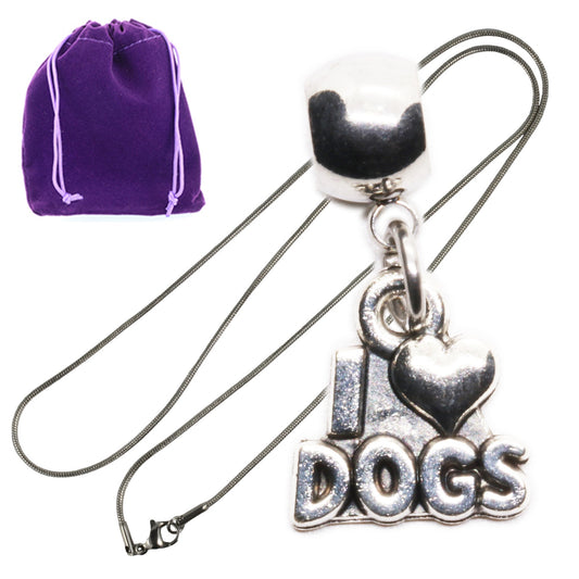 I Love Dogs Charm Necklace with Stainless Steel Snake Chain