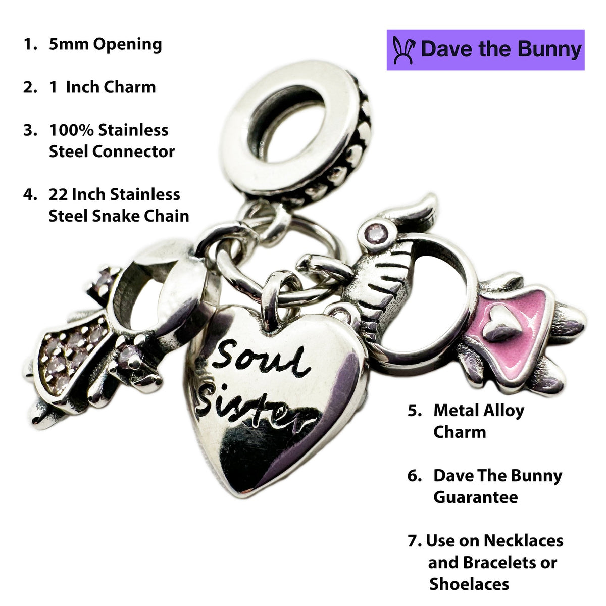 Soul Sister Charm Necklace with Stainless Steel Snake Chain