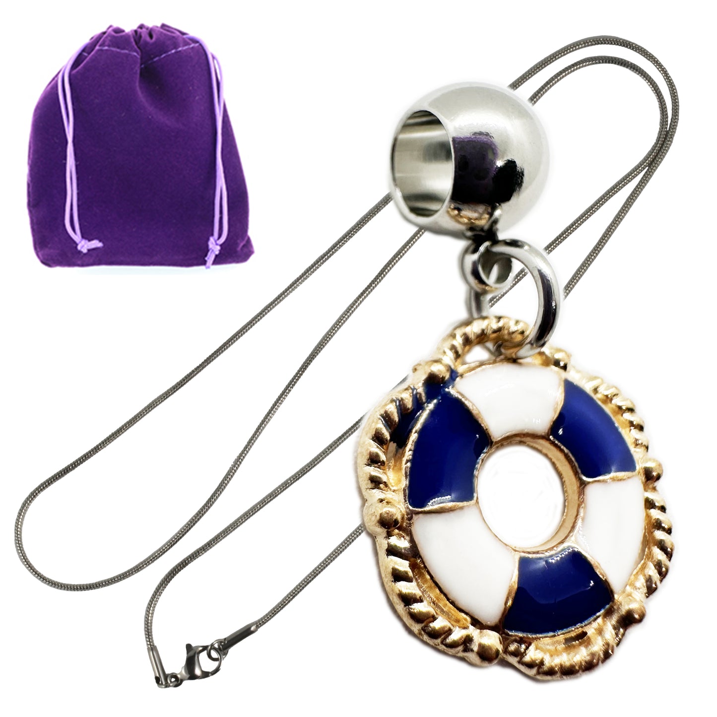 Life Saver Necklace (Blue) - Stainless Steel Snake Chain Necklace with Metal Alloy Charm - Elegant Life Saver Pendant for Life Guard Enthusiasts - Stylish Life Preserver Jewelry for Men and Women