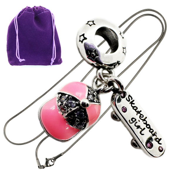 Skateboard Necklace - Stainless Steel Snake Chain with Metal Alloy Charm - Premium Skateboard Accessories, Hip Hop Jewelry for Men, Woman Skateboard Enthusiasts