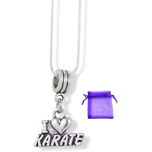 I Love Karate Charm Necklace with Stainless Steel Snake Chain