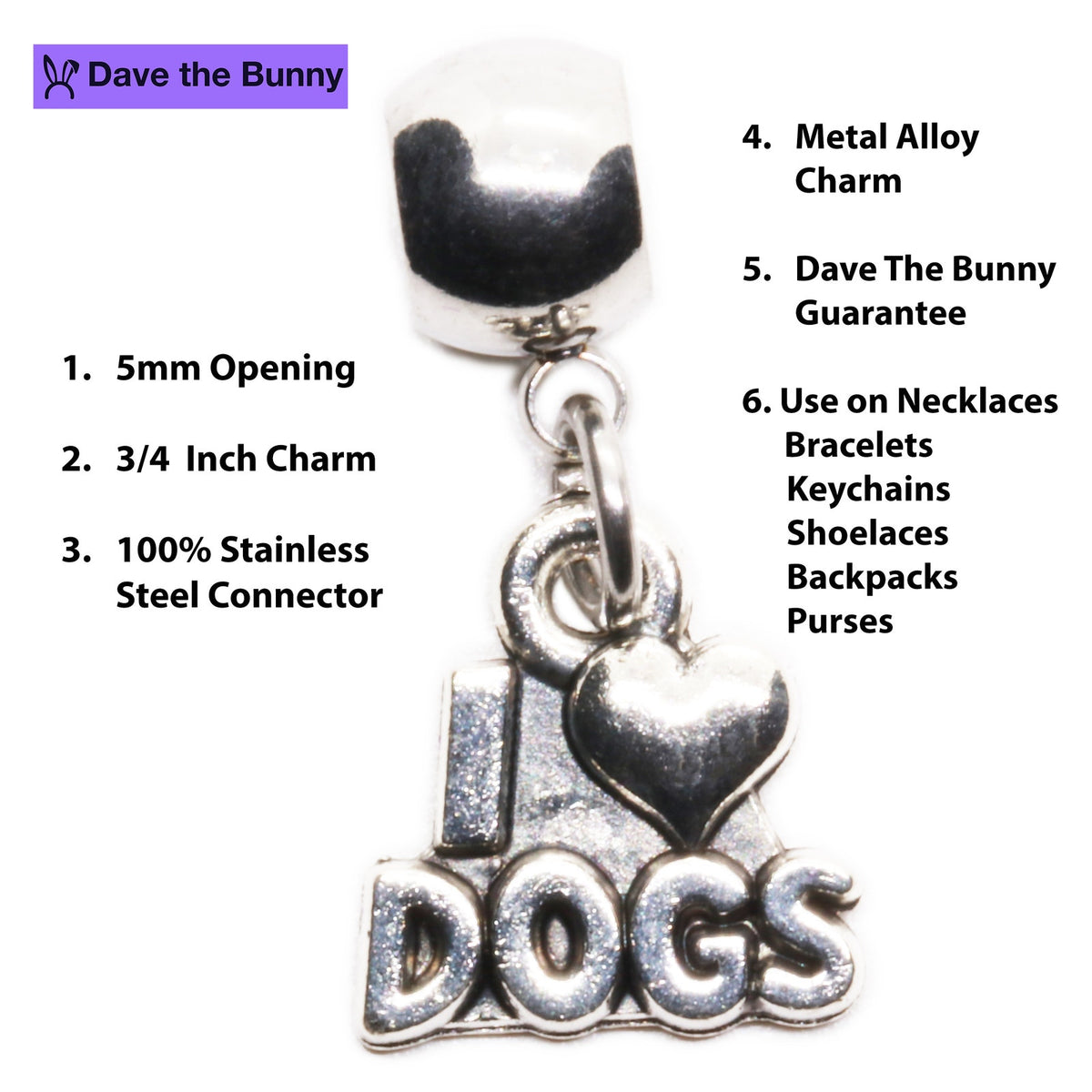 I Love Dogs Charm Necklace with Stainless Steel Snake Chain