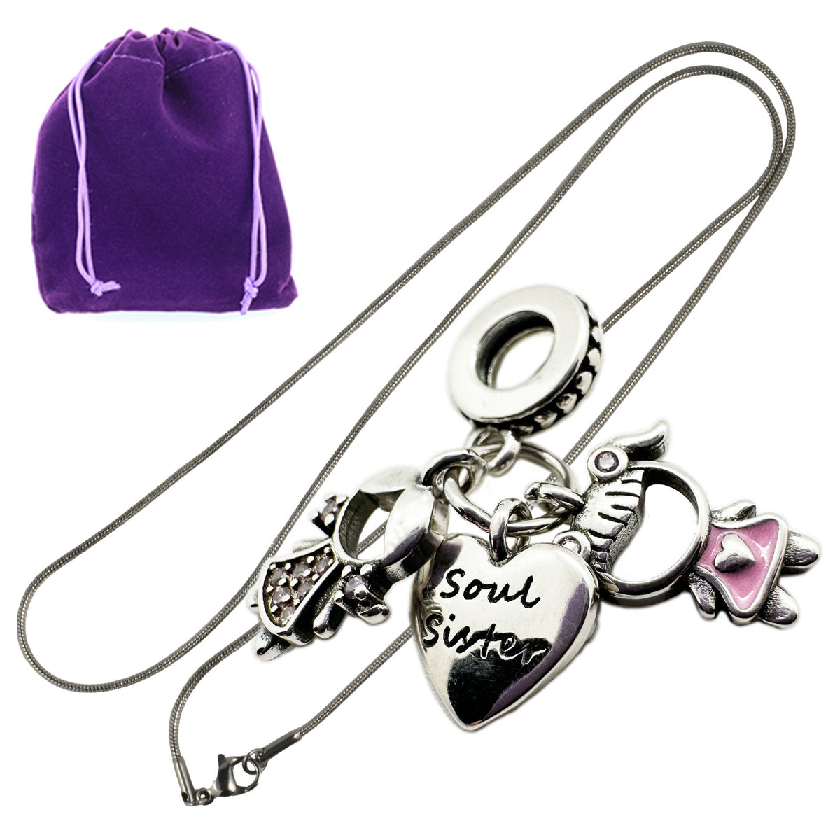 Soul Sister Charm Necklace with Stainless Steel Snake Chain