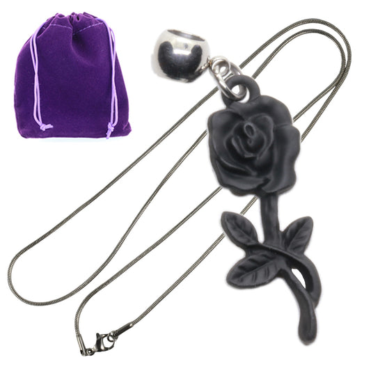 Black Rose Flower Charm Necklace with Stainless Steel Snake Chain
