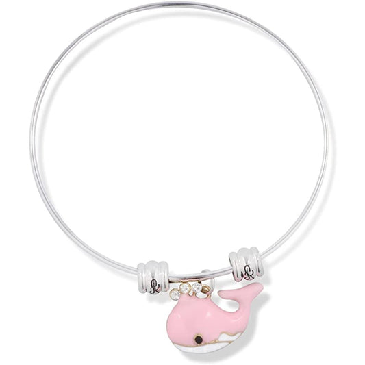 Pink Whale Three Rhinestones Water Charm Bangle Bracelet