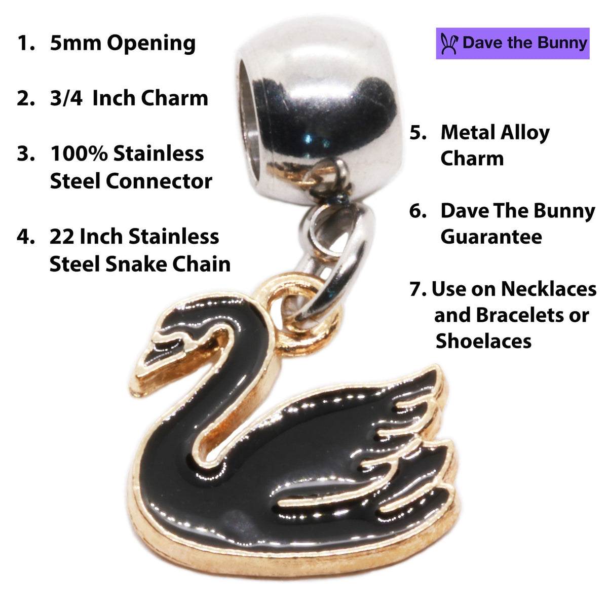 Black Swan Charm Necklace with Stainless Steel Snake Chain