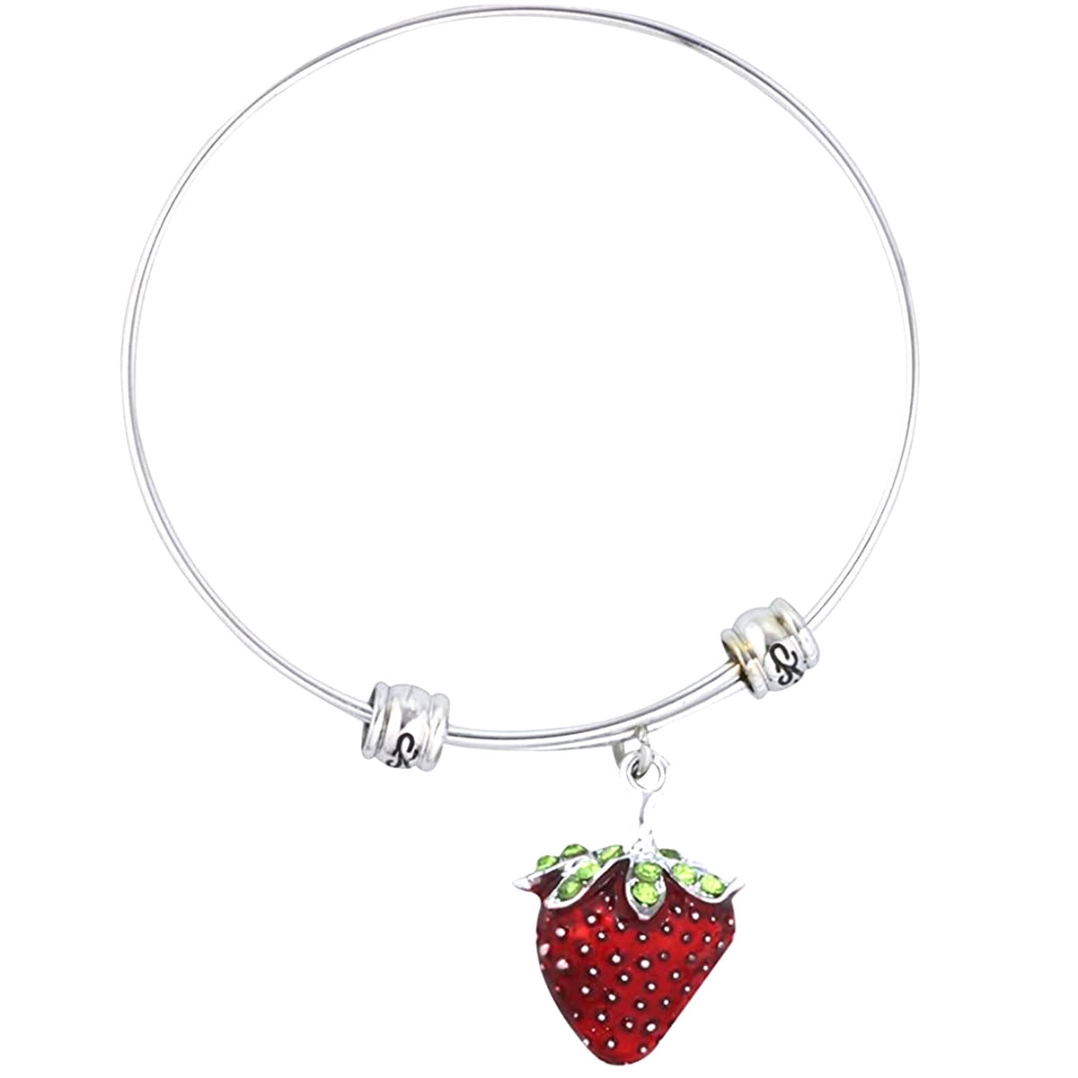 Red Strawberry Green Leaf Stem Charm Bangle Bracelet