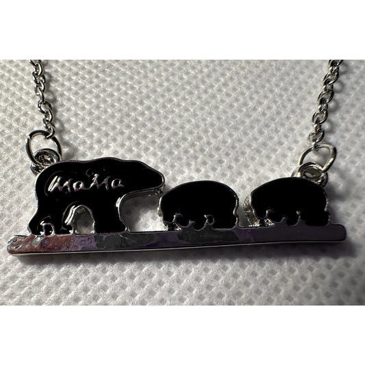 Mama Bear 2 Cubs Charm Necklace with Stainless Steel Snake Chain