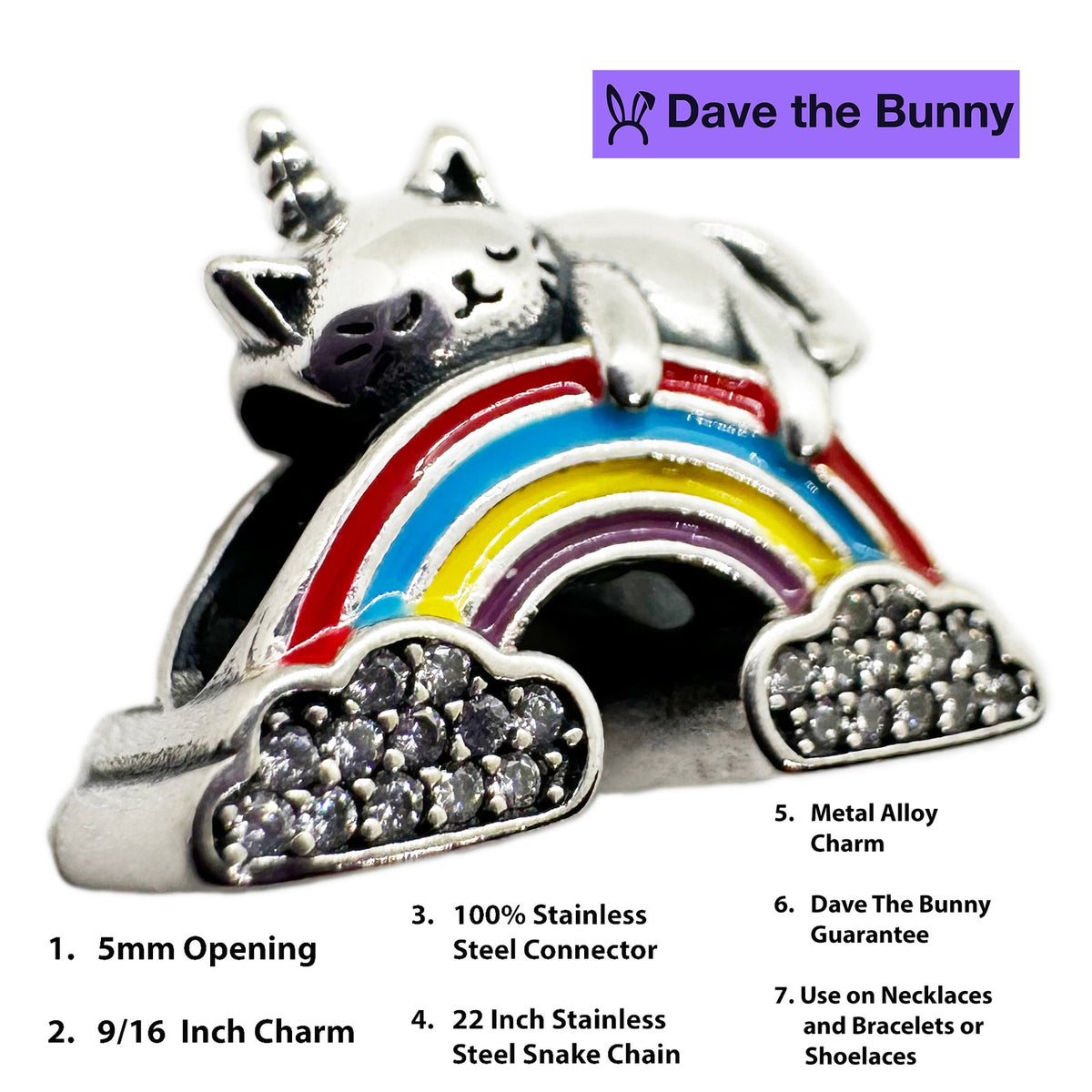 Cat Unicorn Rainbow Charm Necklace with Stainless Steel Snake Chain