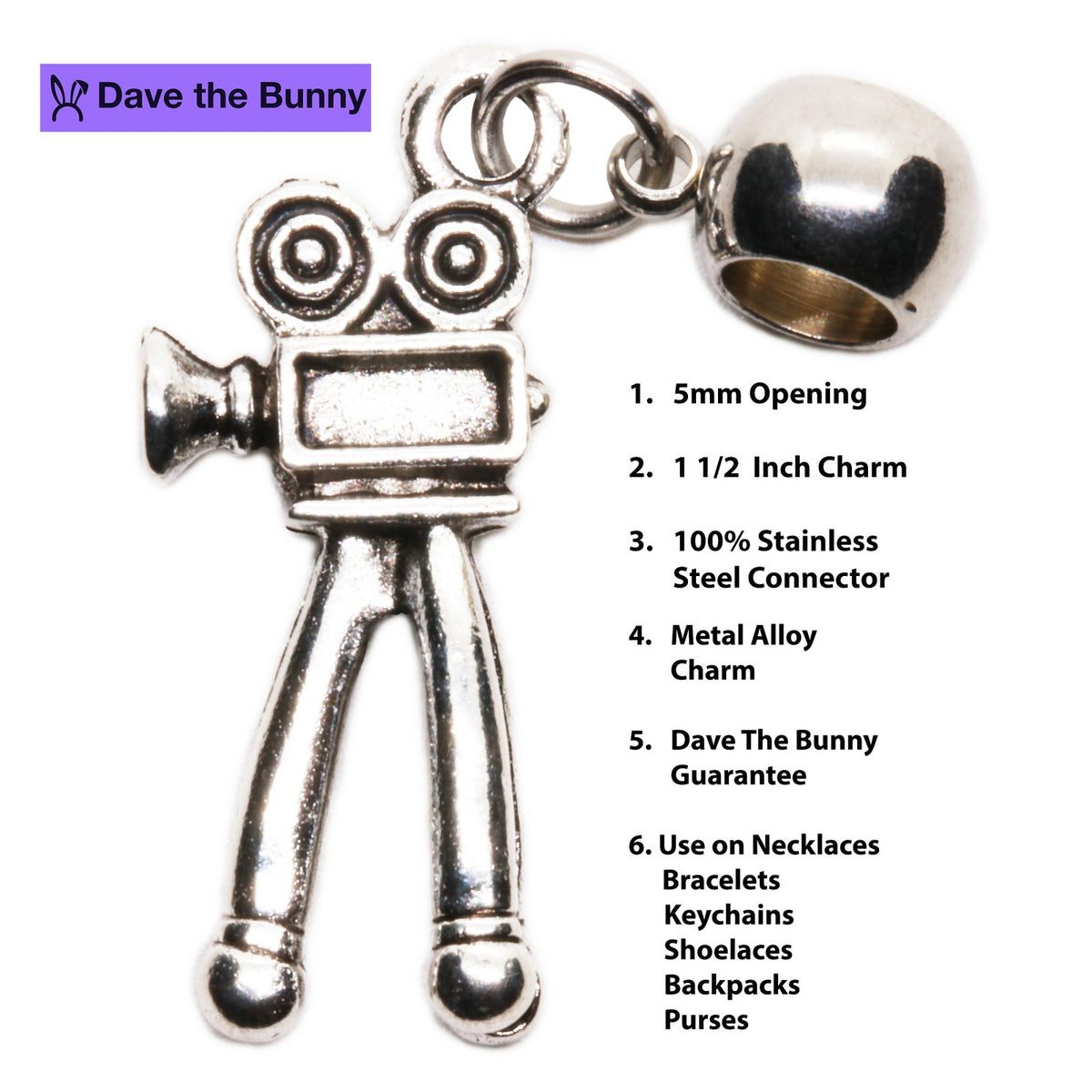 Vintage Action Camera Charm Necklace with Stainless Steel Snake Chain