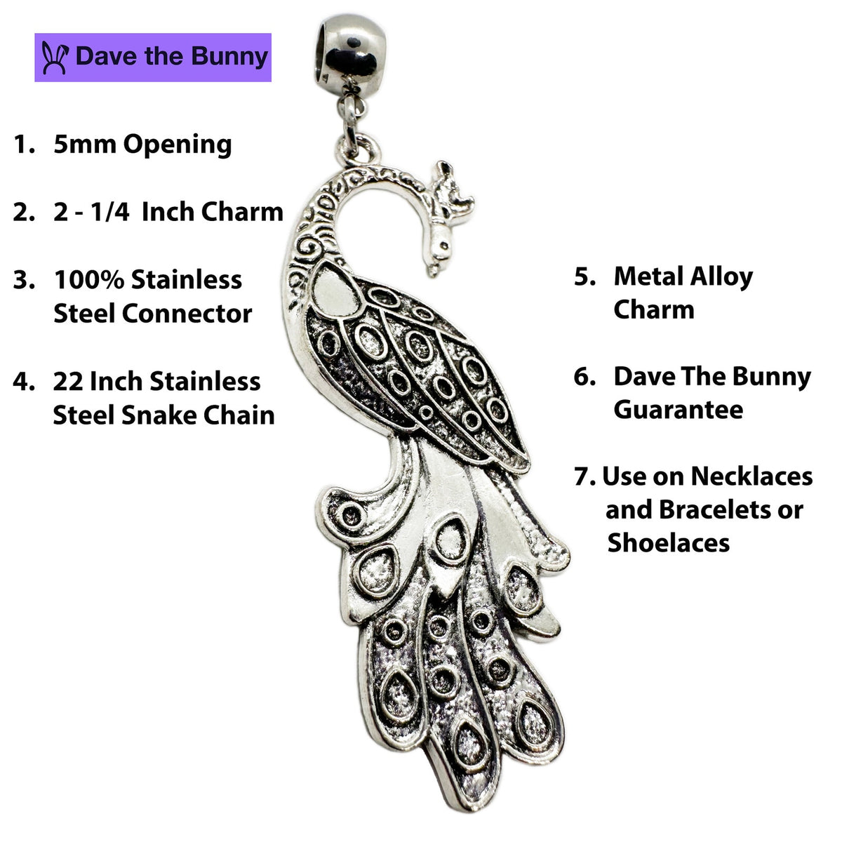 Peacock Bird Charm Necklace with Stainless Steel Snake Chain