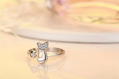 Emerald Park Jewelry Cute Cat and Heart Rhinestone Silver Plated Engagement Ring