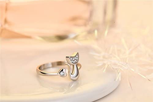 Emerald Park Jewelry Cute Cat and Heart Rhinestone Silver Plated Engagement Ring