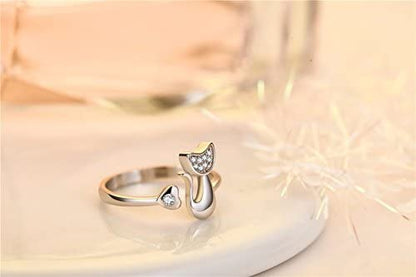 Emerald Park Jewelry Cute Cat and Heart Rhinestone Silver Plated Engagement Ring