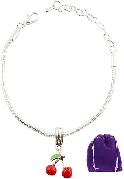 Emerald Park Jewelry Cherry Bracelet | Stainless Steel Snake Chain Charm Bracelet