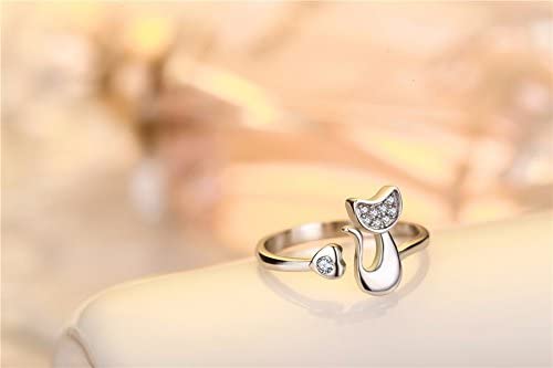 Emerald Park Jewelry Cute Cat and Heart Rhinestone Silver Plated Engagement Ring