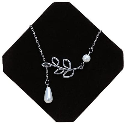 EPJ Willow Leaf with Two Faux Pearls on Silver Coloured Chain Necklace