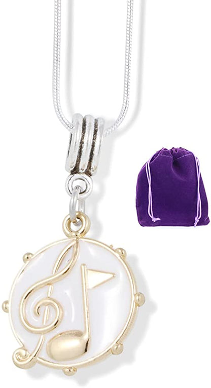 Treble Clef and Music Note on White Snare Drum Charm Snake Chain Necklace