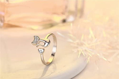 Emerald Park Jewelry Cute Cat and Heart Rhinestone Silver Plated Engagement Ring