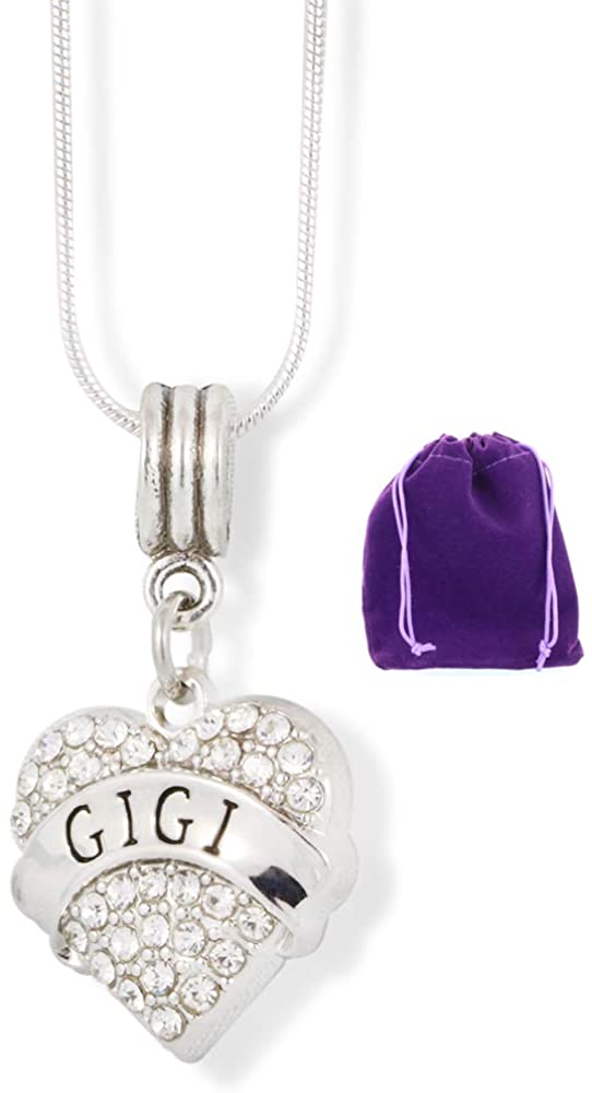 GiGi Necklace | Grandma Grandmother Text on Rhinestone Heart Charm Snake Chain Pendant