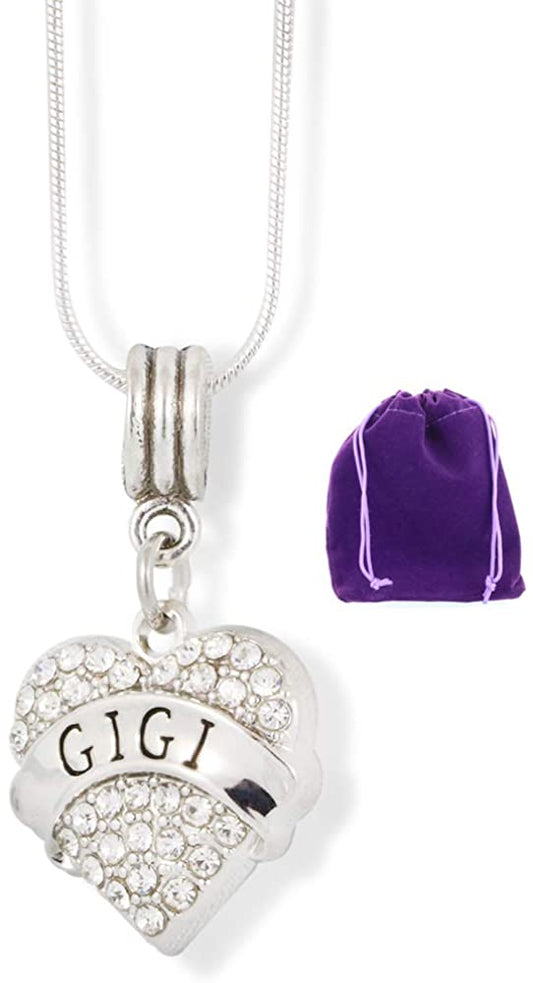 GiGi Necklace | Grandma Grandmother Text on Rhinestone Heart Charm Snake Chain Pendant