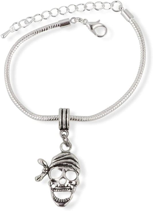 Emerald Park Jewelry Pirate Skull with Bandana Snake Chain Charm Bracelet