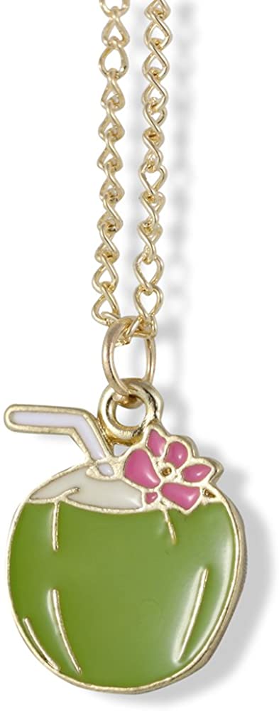 Emerald Park Jewelry Exotic Drink in Coconut with Straw and Flower Charm Chain Necklace