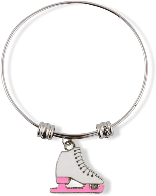 Emerald Park Jewelry Pink and White Figure Skate Fancy Charm Bangle