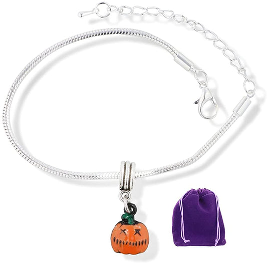 Pumpkin Orange Jack O Lantern Snake Chain Charm Bracelet
