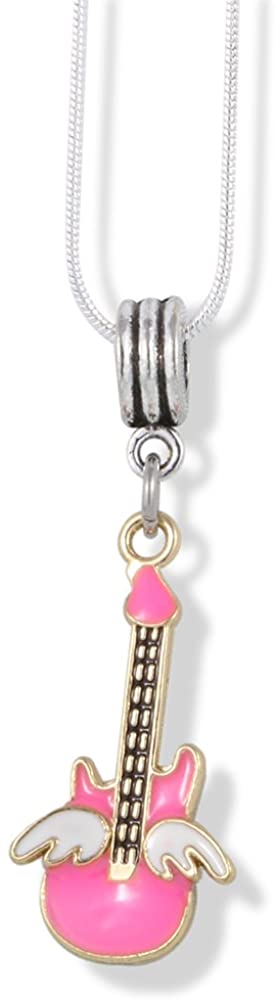 EPJ Guitar Pink with White Angel Wings Charm Snake Chain Necklace