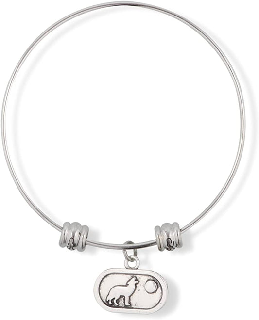 Wolf Howling at Moon on Oval Fancy Charm Bangle