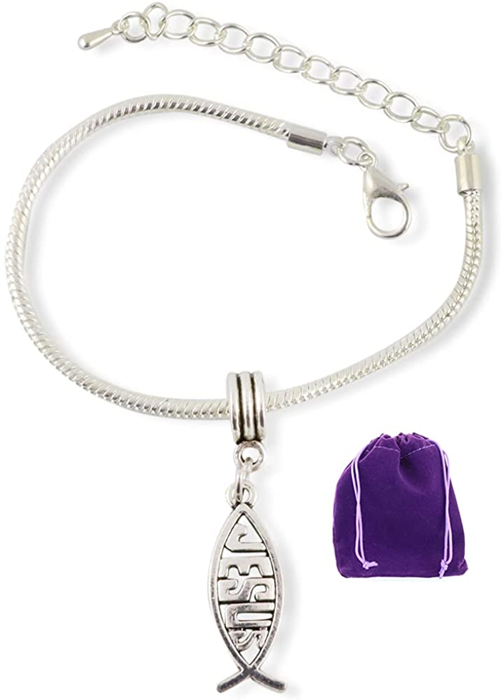 Emerald Park Jewelry Jesus Ichthys Bracelet | Stainless Steel Snake Chain Charm Bracelet