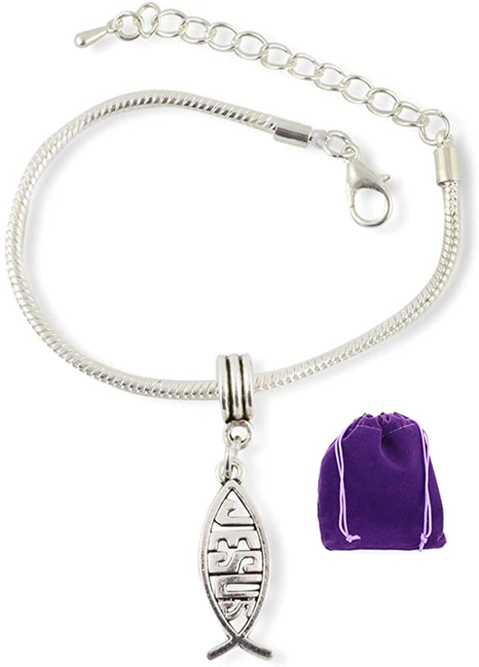 Emerald Park Jewelry Jesus Ichthys Bracelet | Stainless Steel Snake Chain Charm Bracelet