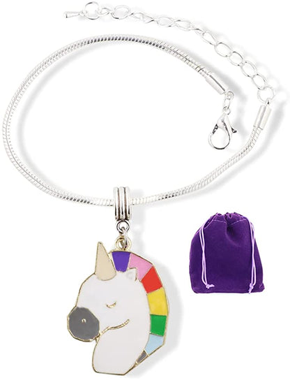 Unicorn Head with Grey Nose Cream Horn and Rainbow Mane Snake Chain Charm Bracelet