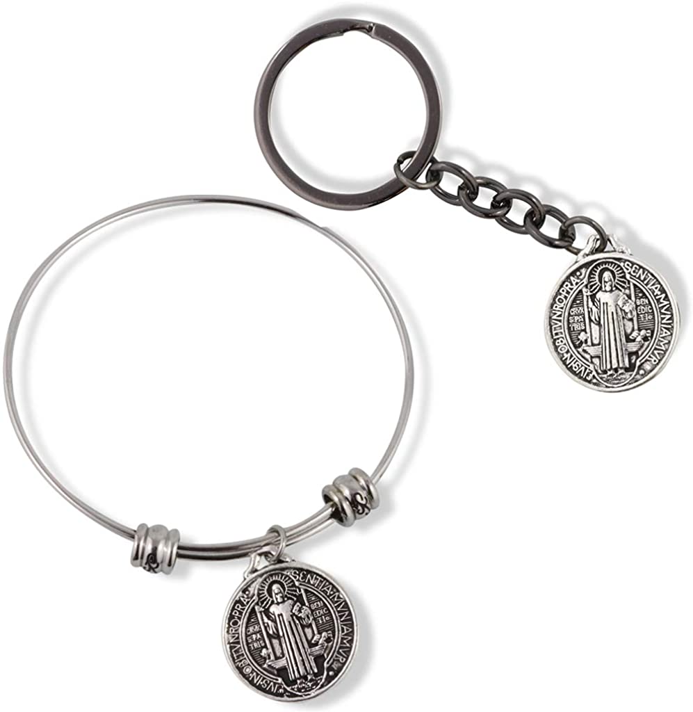 EPJ St Benedict Bracelet and Keychain | Medal San Benito Religious Jewelry Bracelet Bangle for Women Bundled with Keychain Charm Gifts Catholic Bracelet and Keychain for Women Men
