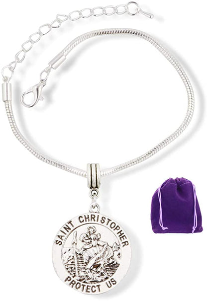 St Christopher Bracelet | Protect Us Charm Bracelet on Silver Plated Snake Chain Protect Us Medal Travellers Protection Gift for Women or Men Patron Saint Jewelry