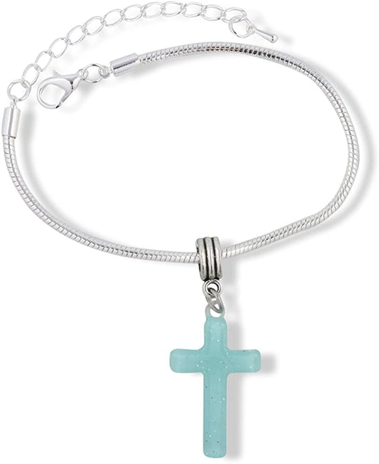 Emerald Park Jewelry Cross Plastic Snake Chain Charm Bracelet (Light Blue)