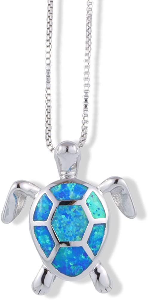EPJ Turtle Silver with Vibrant Blue and Silver Coloured Shell on Box Chain Silver Necklace