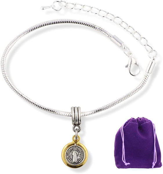 EPJ Catholic Gifts Saint St Benedict Medal San Benito Religious Jewelry Bracelet for Women Bracelet Silver Plated Chain Charm Gifts Catholic Bracelet Bangle for Women Men Boys and Girls