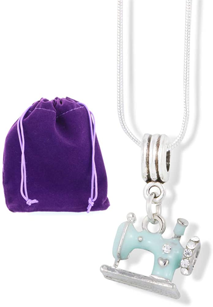 Sewing Machine Light Blue Charm Snake Chain Necklace