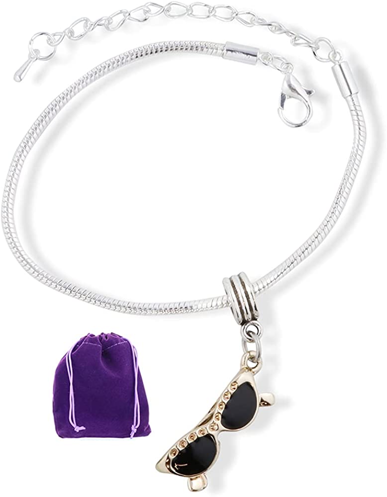 Sunglasses Black Lens on Gold Frame Snake Chain Charm Bracelet