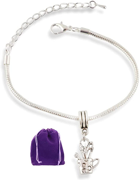 Cup with Scissors Pencil Paint Brush Snake Chain Charm Bracelet