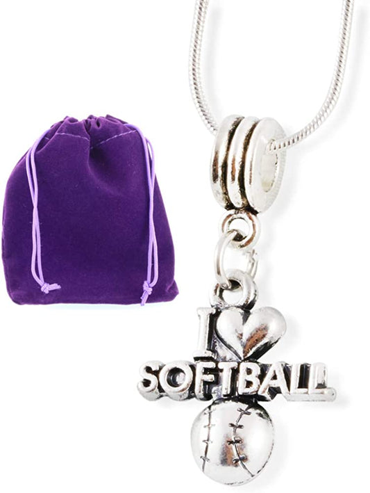 I Love ( Heart ) Softball Snake Chain Necklace