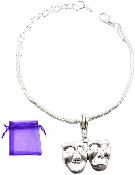 Drama Mask Bracelet | Tragedy Comedy Mask Thespian Mask Charm Bracelet Jewelry Theatre Theater Gift for Women Men Boys Girls Actors and Actress on Silver Plated Snake Chain