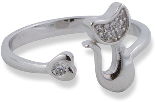 Emerald Park Jewelry Cute Cat and Heart Rhinestone Silver Plated Engagement Ring