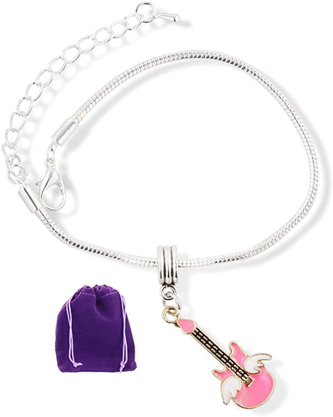 Guitar Pink with White Angel Wings Snake Chain Charm Bracelet