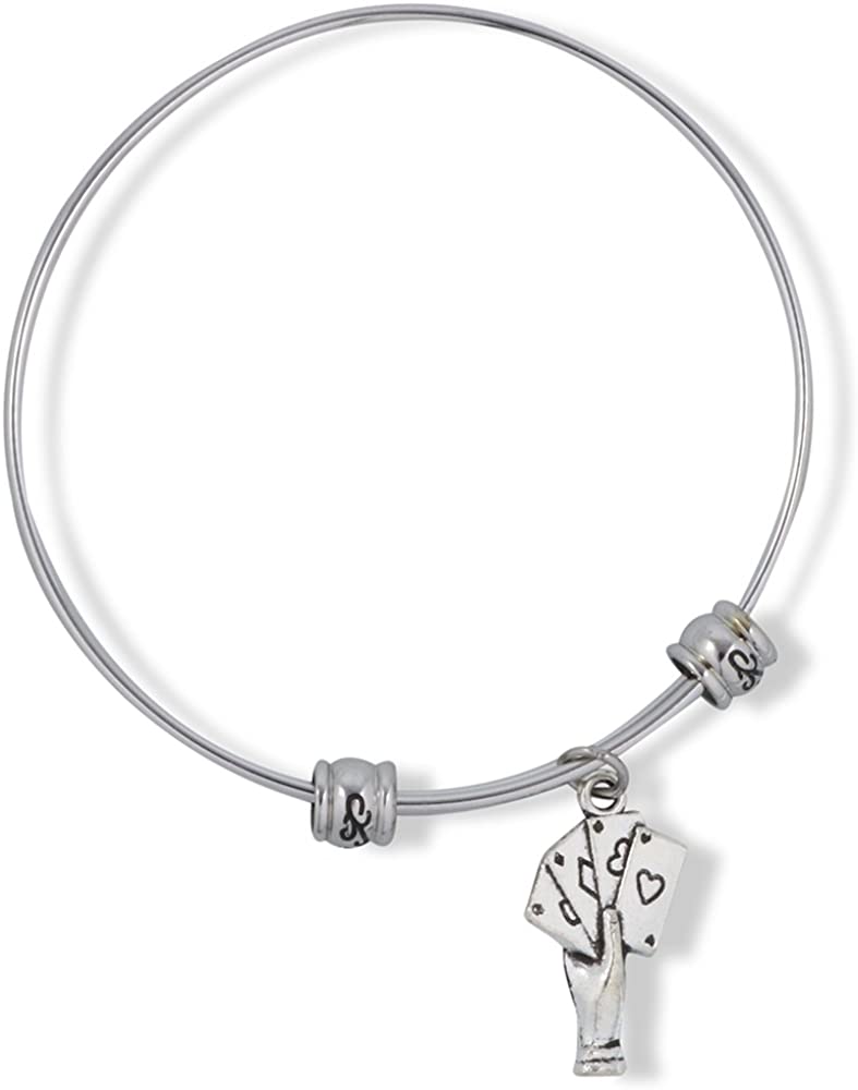 Hand with Four Playing Cards Charm Bangle Bracelet goes Great with Playing Card Costume or Casino Costume and makes great Poker Accessories and Card Gifts or Playing Card Themed Gifts for Women