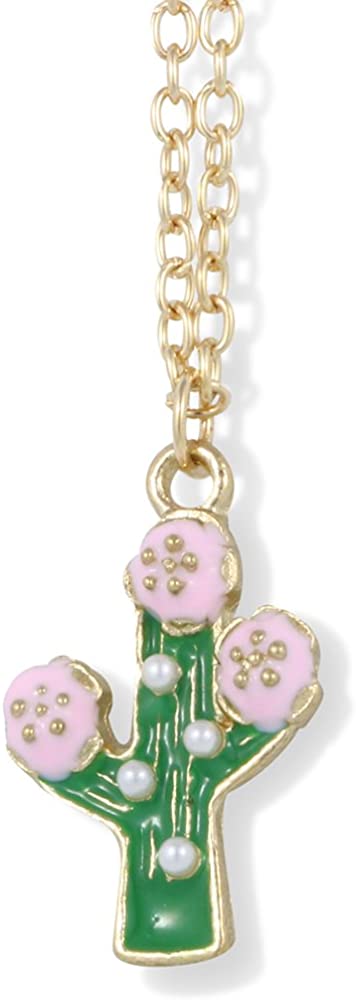EPJ Cactus Green with Four Pearls and Three Pink Flowers on Gold Chain Necklace